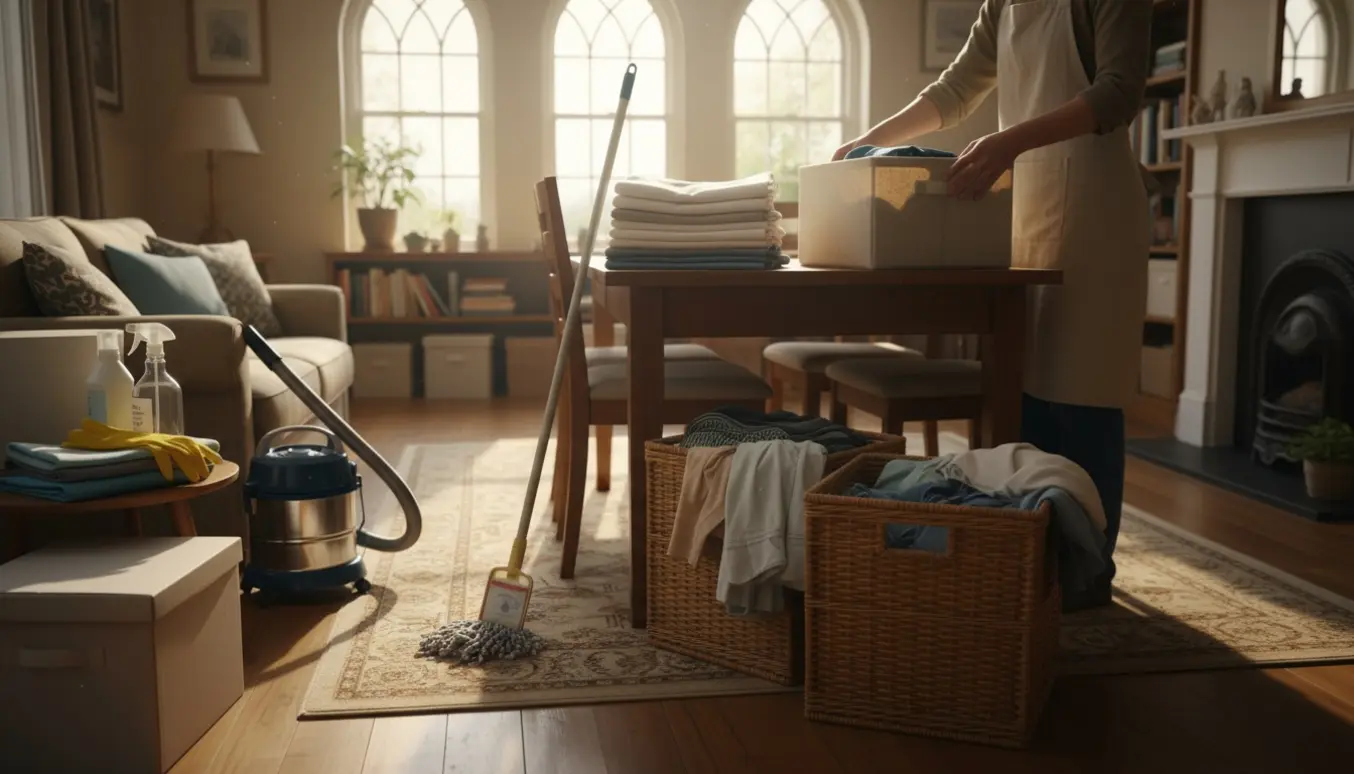 Hænder folder rent vasketøj ved et træbord i en solbelyst præstegård med rengøringsudstyr i baggrunden.