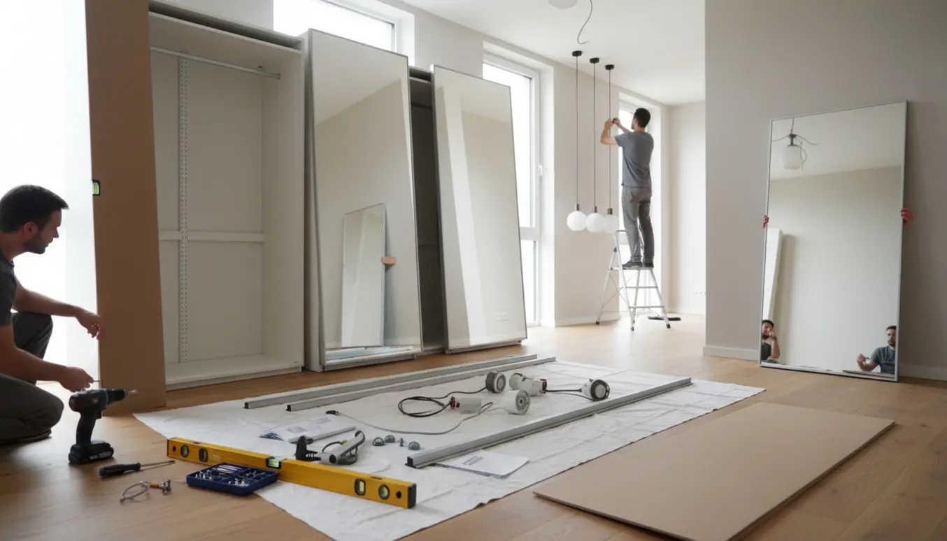 Montage af to skabe med skydedøre og montering af pendellamper, med værktøj og et spejl mod væggen.