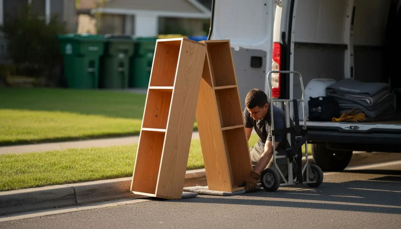 To adskilte hyldeløse træsider fra en reol står på indkørslen cirka fem meter fra kantstenen klar til bortkørsel.