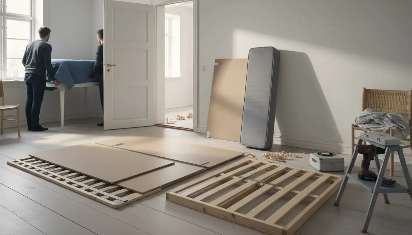 Lys skandinavisk værelse med en seng under samling, et skrivebord i forflytning og en halv dør under reparation.