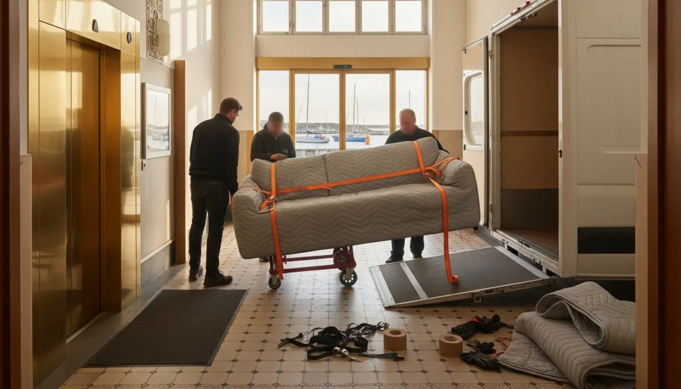 En polstret chaise longue bæres ind i en flyttevogn udenfor en lejlighed med dolly og flytteudstyr.