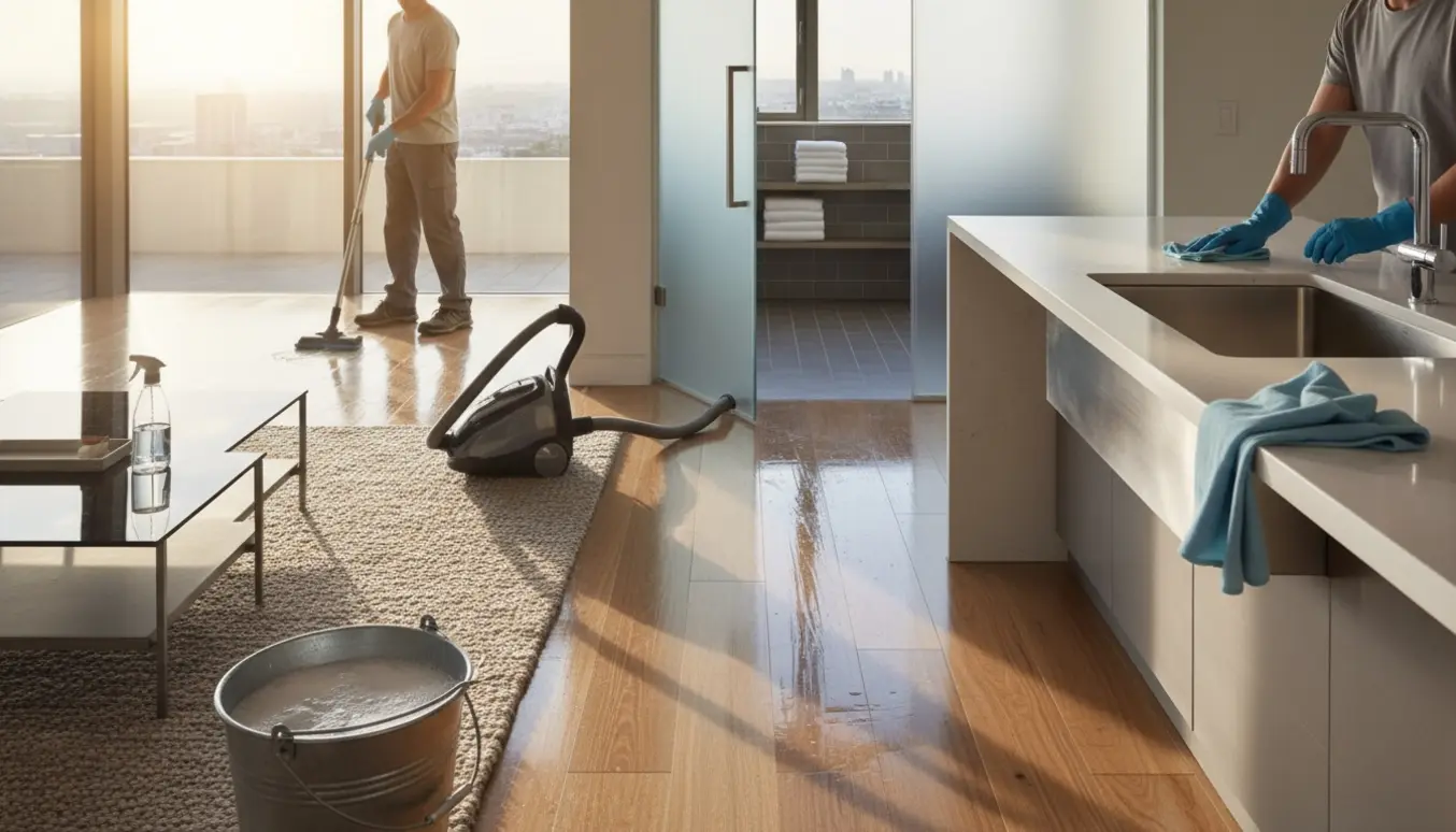 Rengøring i hjemmet med moppe, støvsuger og aftørrede, skinnende overflader i naturligt dagslys.