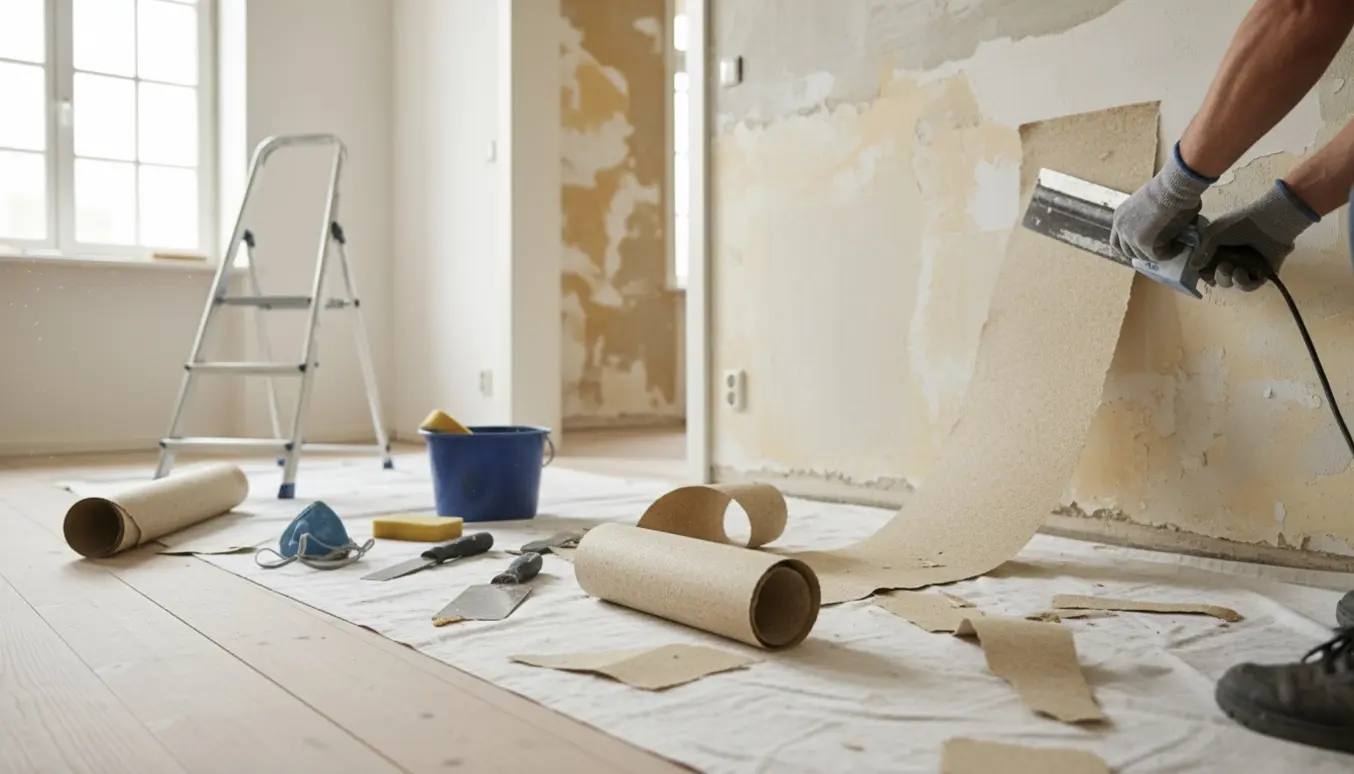 Hænder i handsker fjerner savsmuldtapet fra en væg med skraber og bunker af afrevet tapet på gulvet.