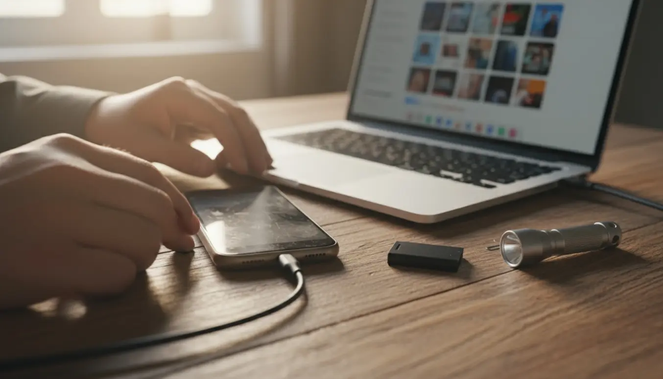 Hænder forbinder en fundet, slidt smartphone til en bærbar computer for at gendanne billeder.