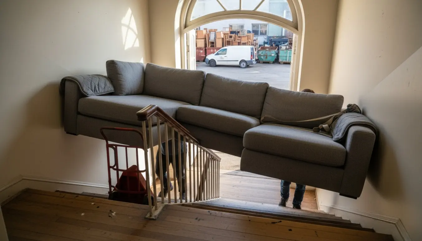 To personer bærer en hjørnesofa i to dele ned ad en trappe mod genbrugspladsen.