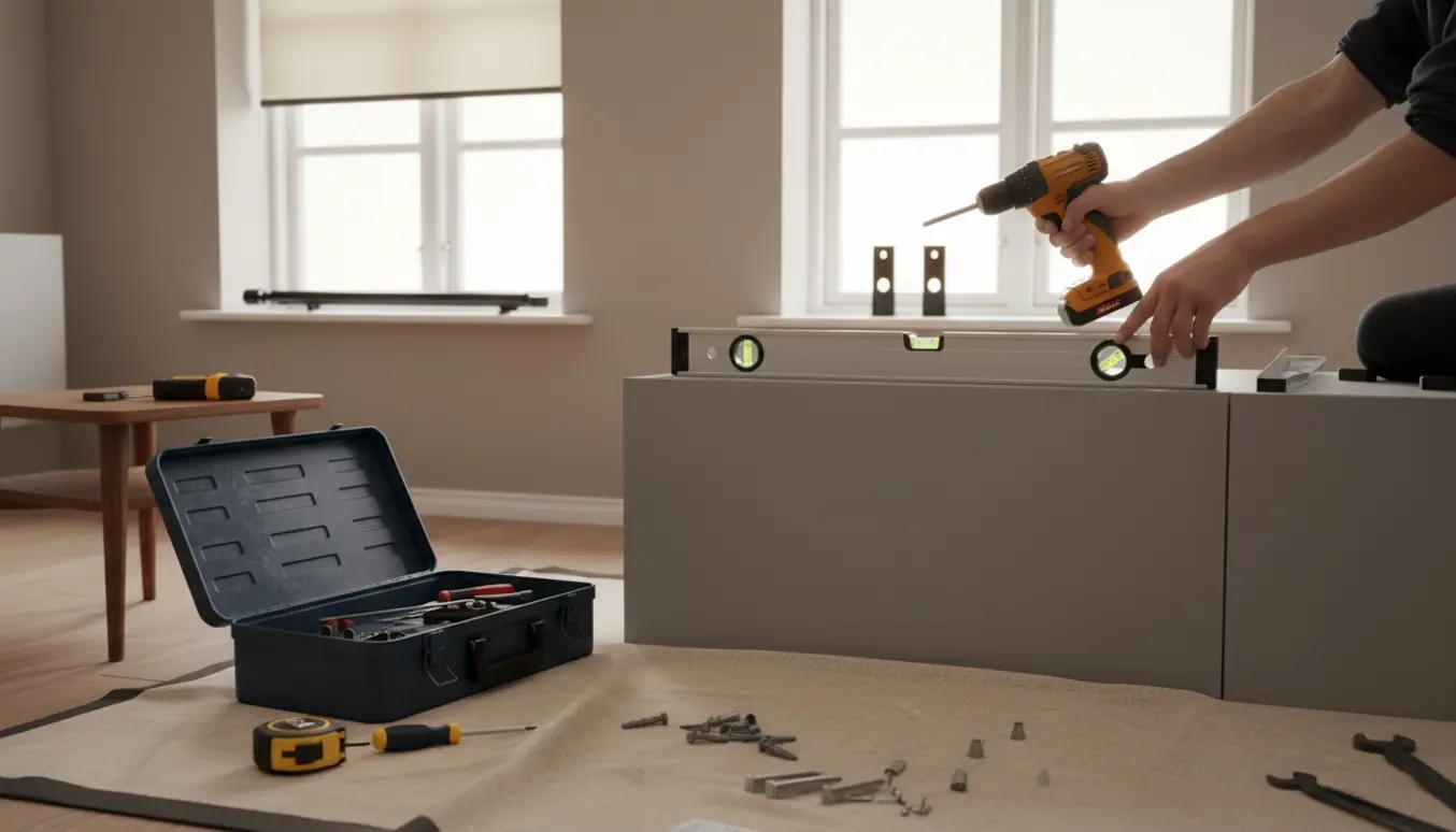 Hænder monterer to Montana-skabe på væggen og opsætter rullegardiner ved vinduerne.