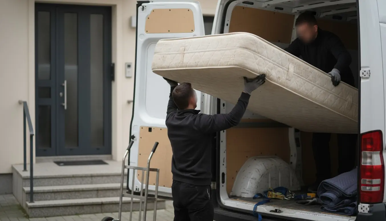 To flyttere læsser en brugt boxmadras op i en varevogn til afhentning og udsmidning.