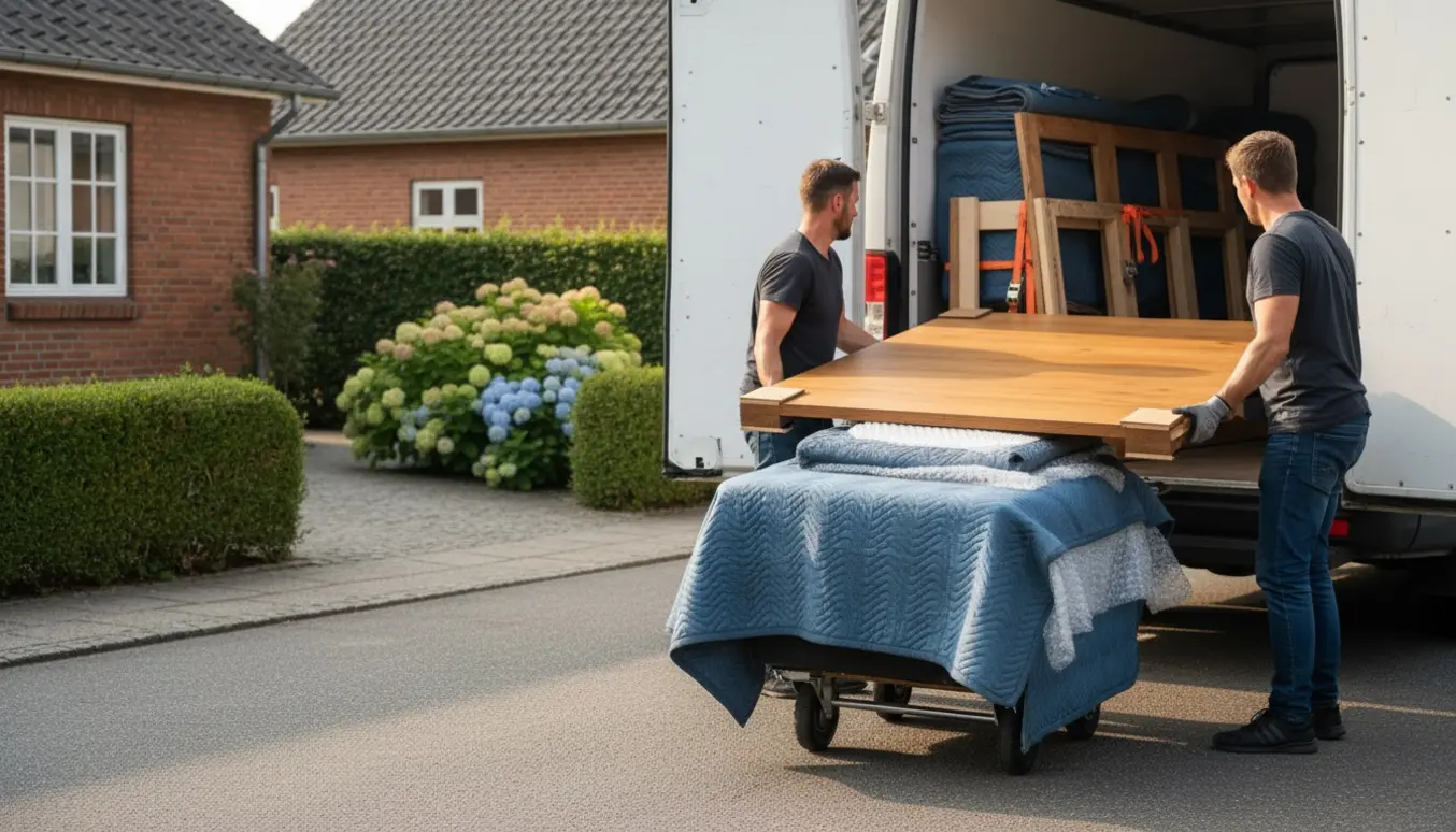 Et massivt egetræs spisebord med to tillægsplader pakkes og læsses i en flyttevogn foran et dansk parcelhus.