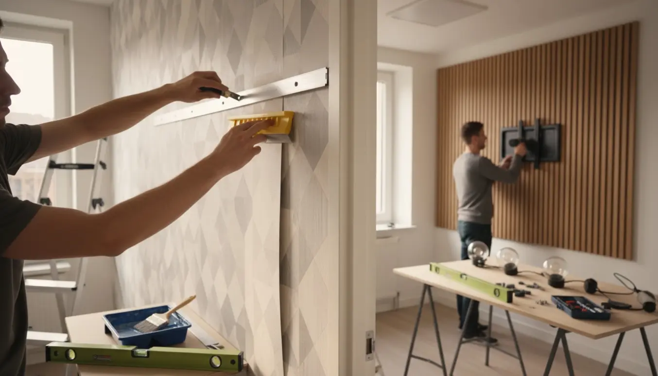 Installatører tilpasser og opsætter tapet på en hvid væg, mens akustiske træpaneler og TV-ophæng forberedes i baggrunden.