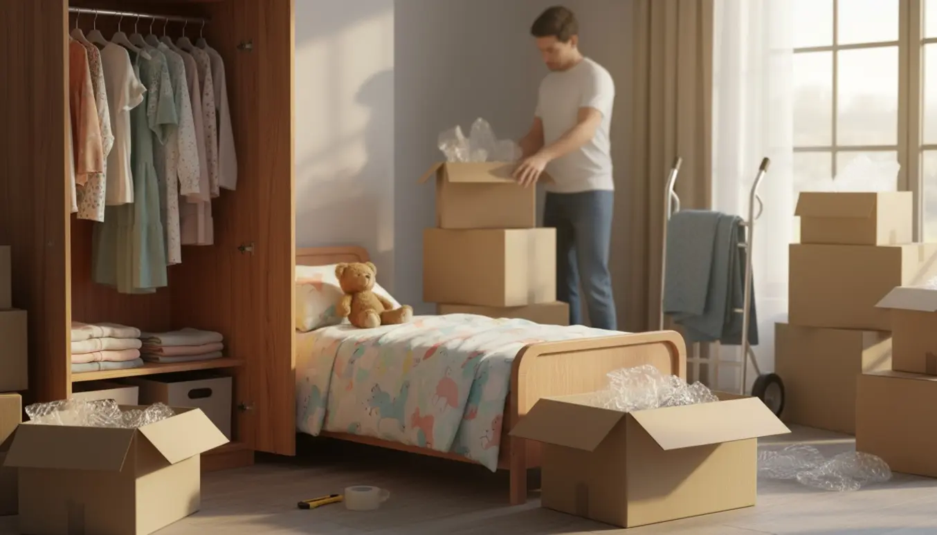 Et solbelyst børneværelse midt i en flytning med åbent skab, en børneseng og omkring femten flyttekasser.