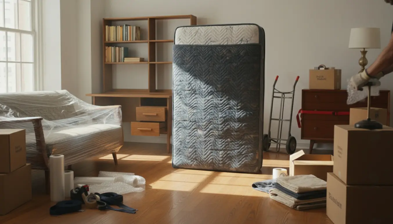 Flyttehjælp i en lys lejlighed med seng, sofa, skrivebord, reol og kommode pakket og klar til transport.