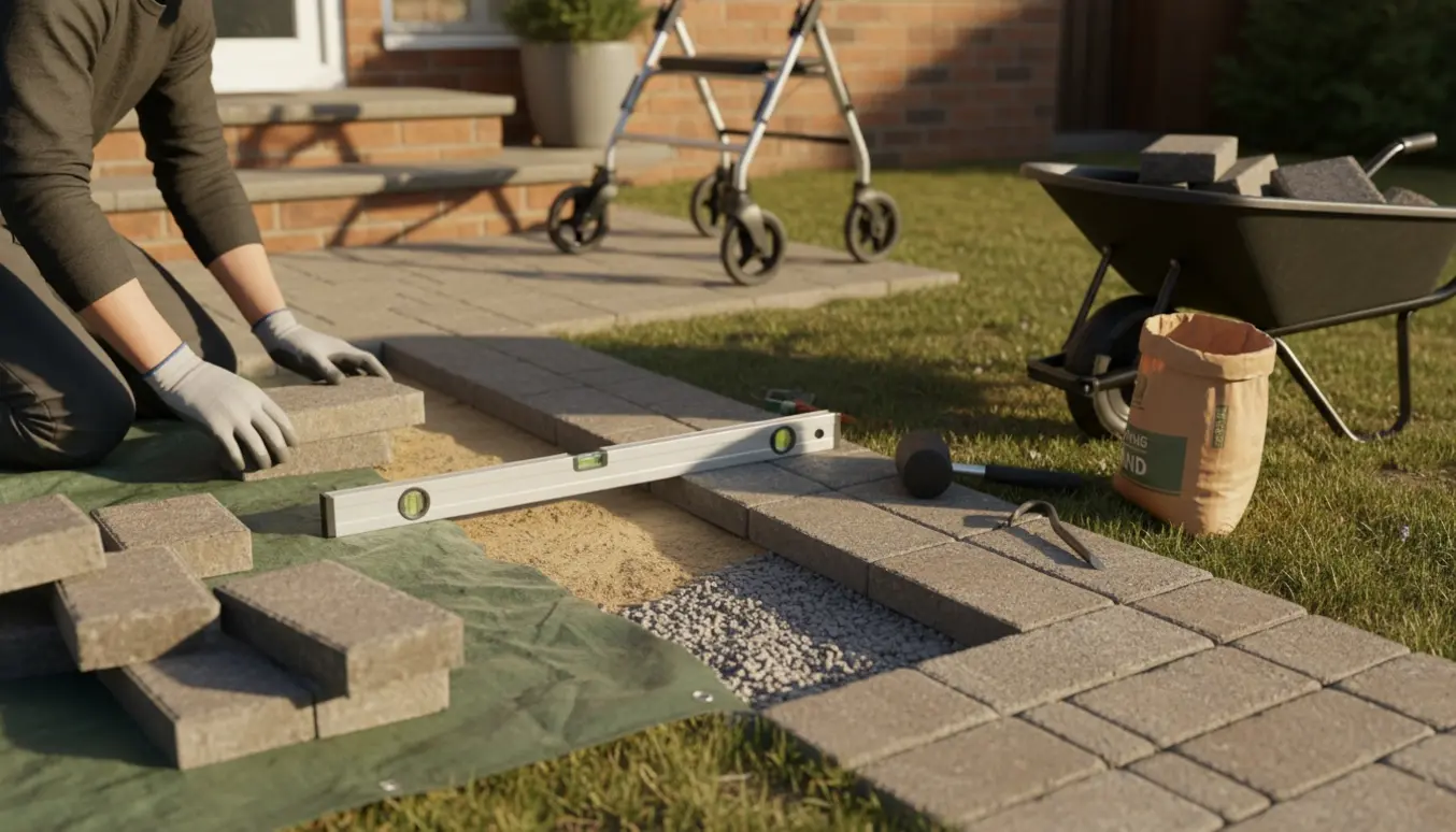 Hænder omlægger fliser på en hældende indgangssti med værktøj og en rollator i baggrunden.