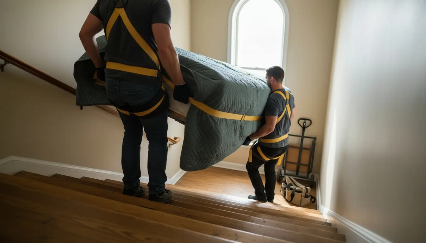 To personer bærer en tung seng ned ad en lys opgang med flyttetæpper og stropper, ansigter ude af fokus.