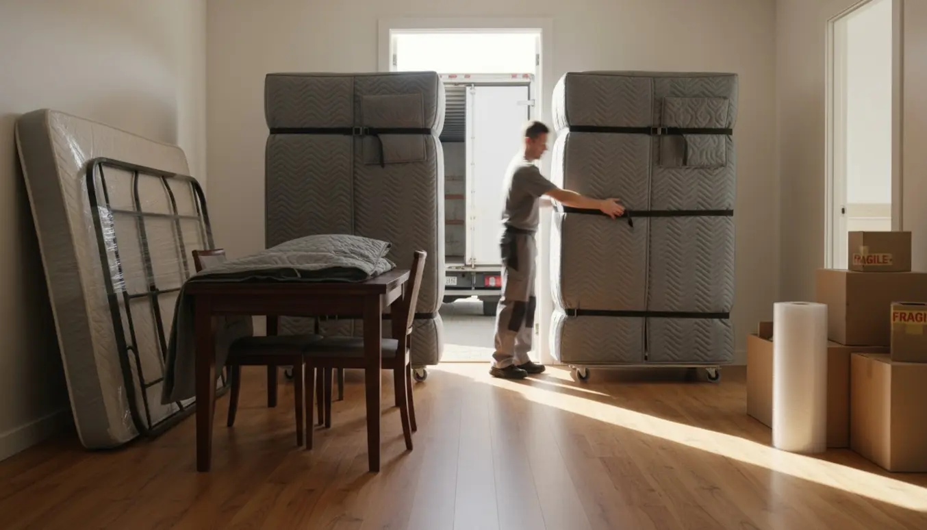 Seng, tre skabe, et bord og to stole pakket og klar til flytning ved en åben flyttevogn.