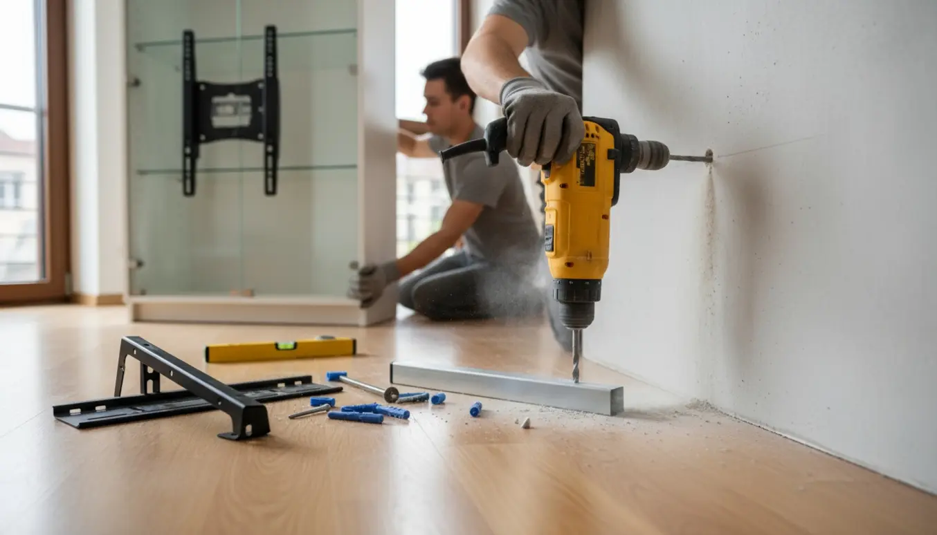 Ophængning af vitrineskab og vægmonteret fjernsyn med slagsboremaskine og værktøj i en lys stue.