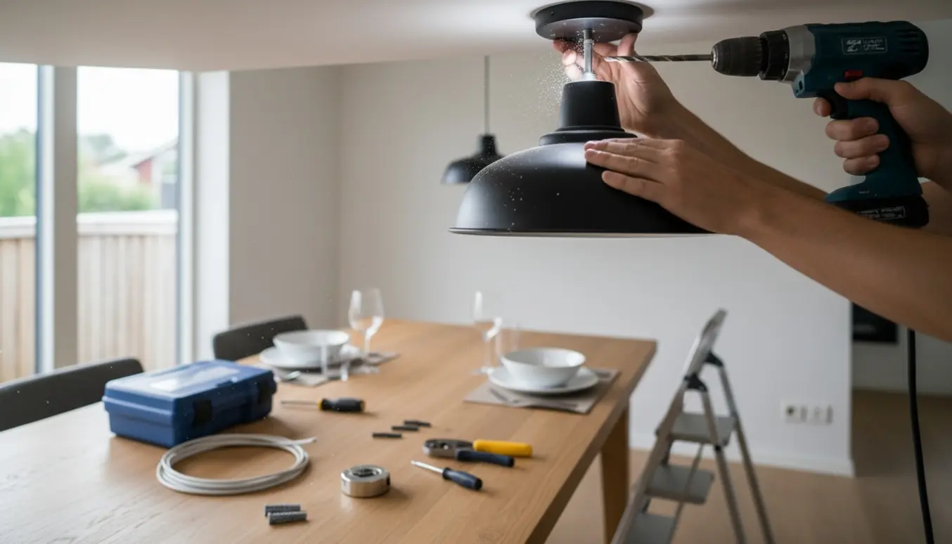 Hænder installerer en pendellampe over et træspisebord med en slagboremaskine i en lys, moderne spisestue.