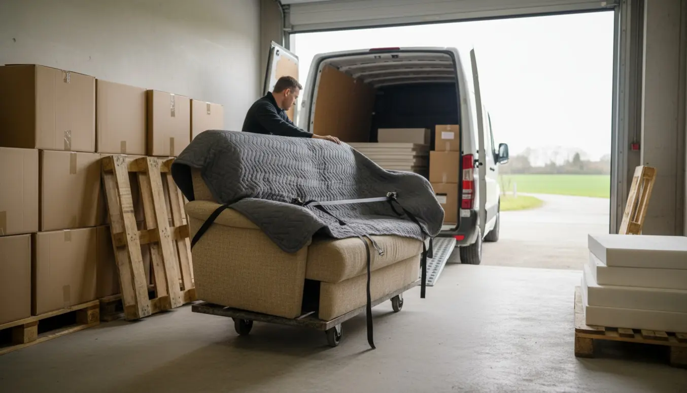 En sovesofa pakket i flyttetæpper på en dolly bliver båret ud af et depotrum og læsset i en varevogn med en landvej i baggrunden.