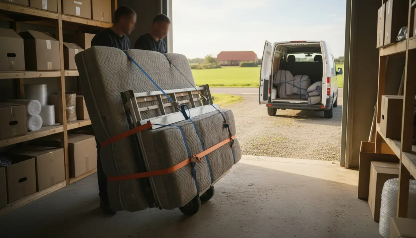 Demonteret sovesofa indpakket i flyttetæpper bliver læsset fra et depotrum ind i en varebil uden for Kolding.