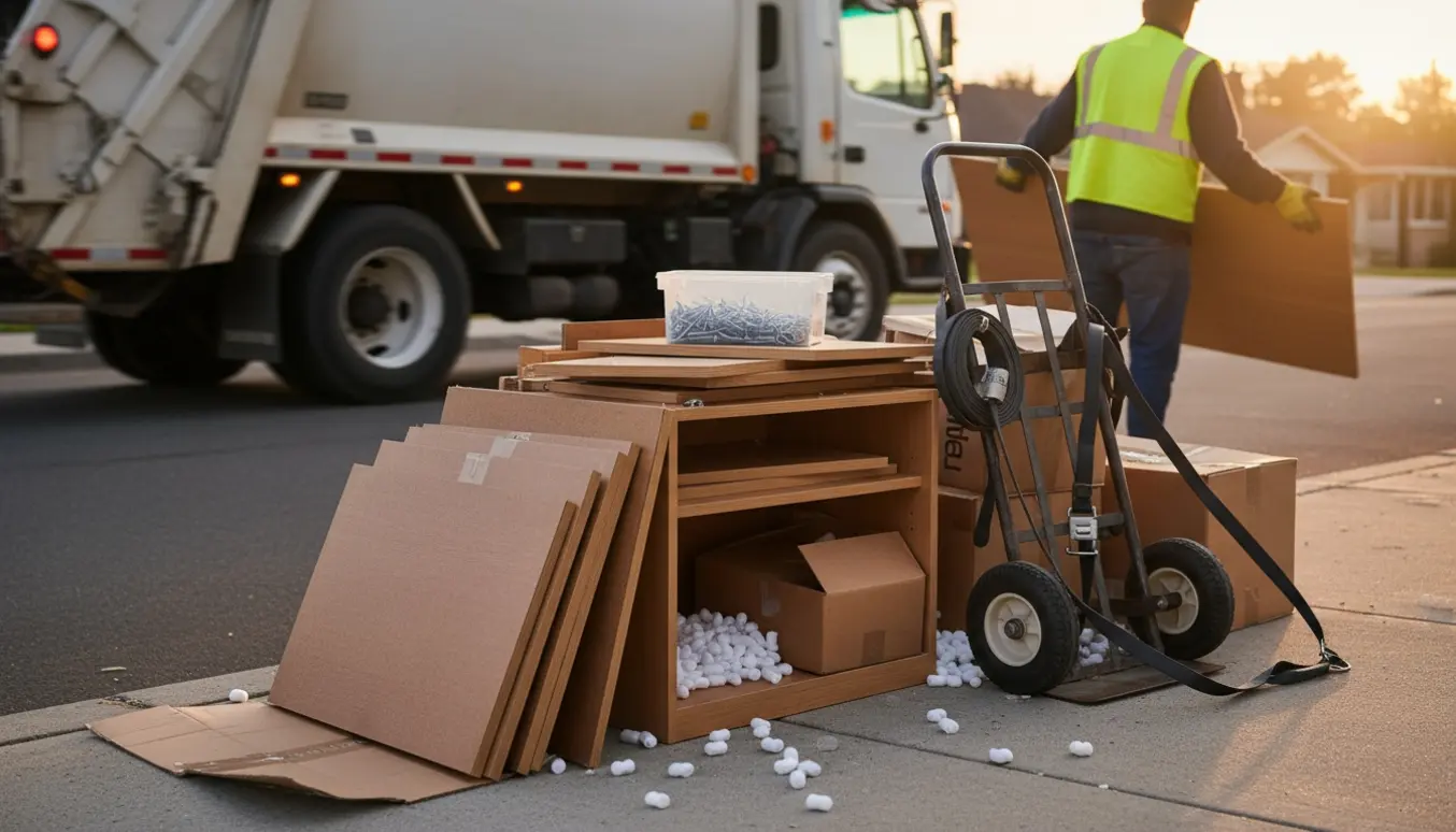 Fladpakkede skabe og emballage stillet på fortovet klar til afhentning af skralvogn.