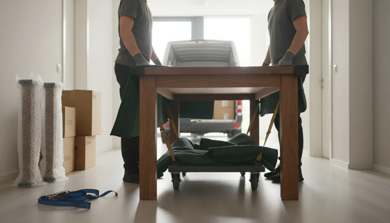 Et langt massivt spisebord bæres gennem en moderne lejlighed af flyttefolk uden synlige ansigter.