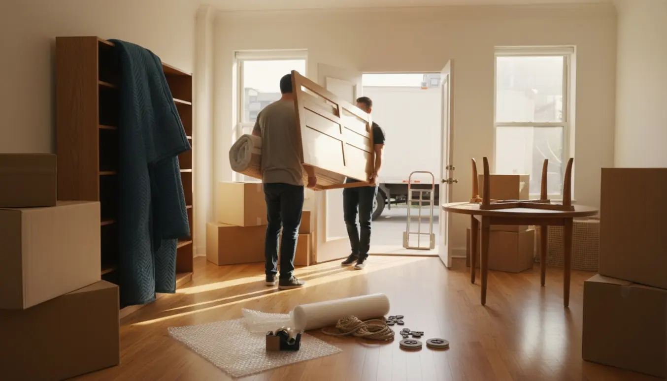 Bærende møbler og stabler af flyttekasser i en solfyldt lejlighed.