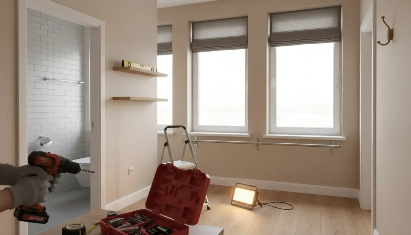 Hænder monterer rullegardiner, gardinstang og hylde i lyst hjem med værktøj og stige.