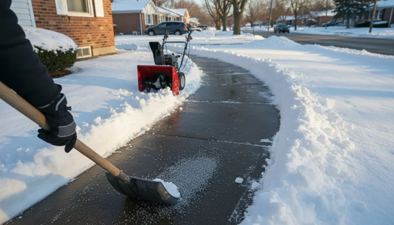 Rydning af fortov ved hjørnegrund med sneskovl, sneslynge og en ryddet gang.
