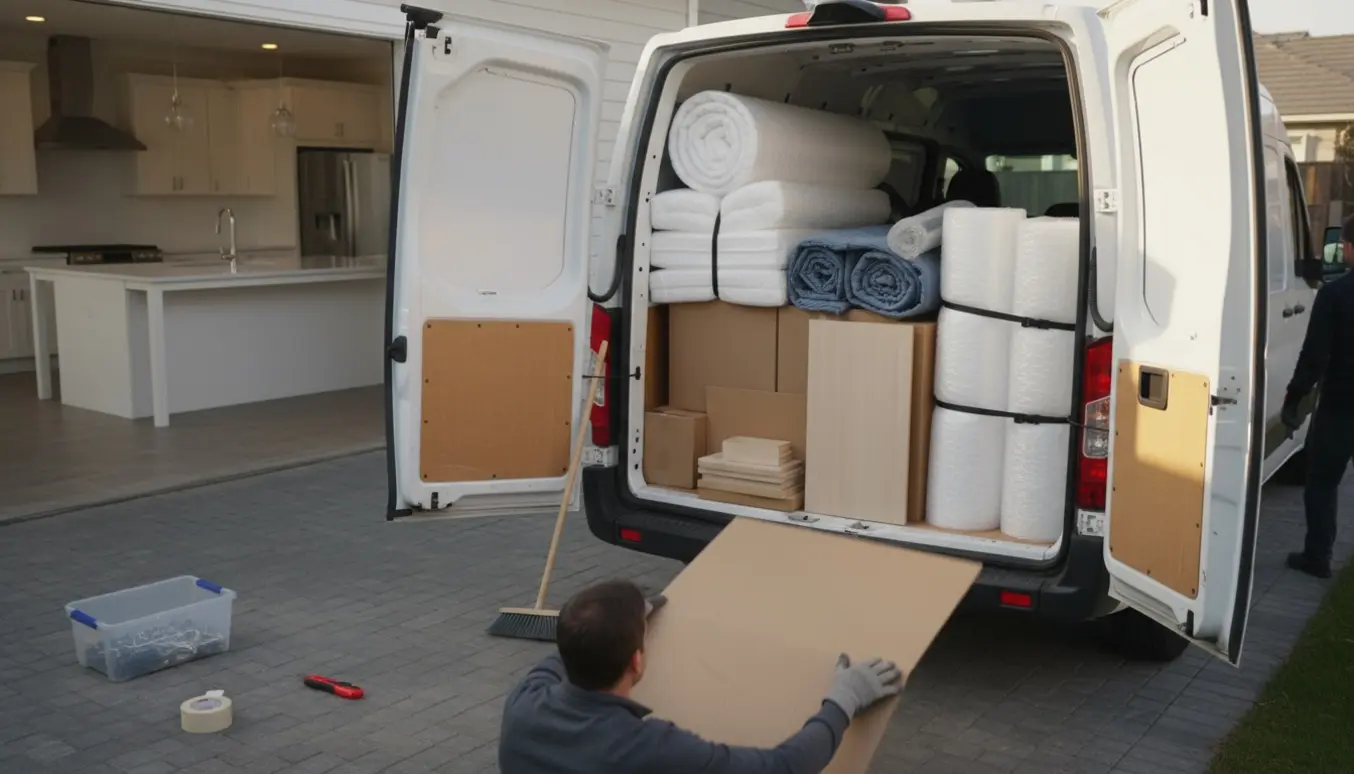 Åben varebil med sammenfoldet pap og emballage ved et nyinstalleret køkken, mens handskerede hænder læsser materialer.