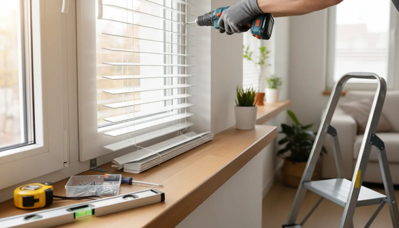 Hænder monterer en persienne ved et vindue med boremaskine, skruer og vaterpas.