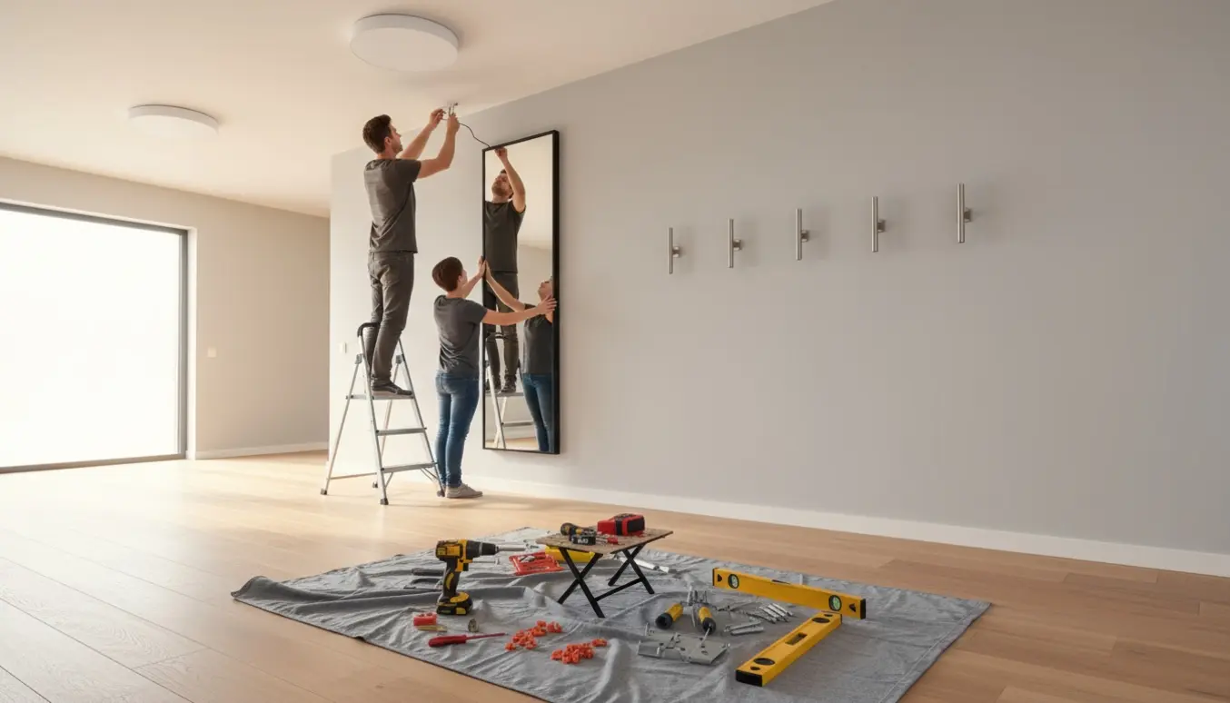 Person monterer tre loftlamper, et spejl og fire knager i en lys entré.