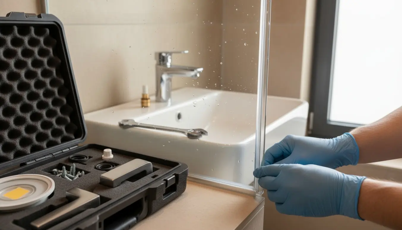 Hænder monterer en ny tætningsliste på en brusedør med værktøj og reservedele i baggrunden.