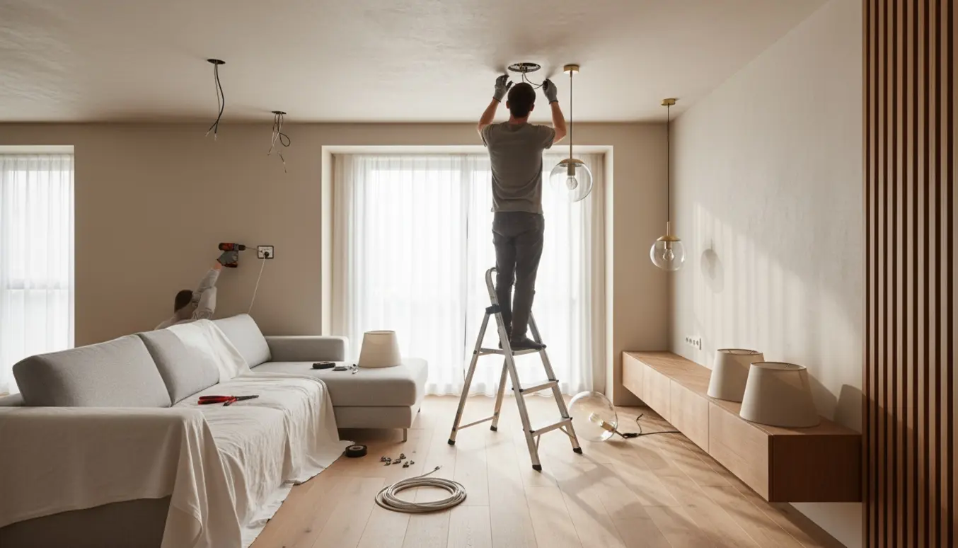 Elektriker på en lille stige monterer en lampe og installerer et nyt antennestik ved TV'et.