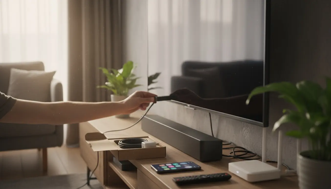 Hænder tilslutter en streaming-dongle til et fjernsyn ved siden af en trådløs højttaler i en moderne stue.