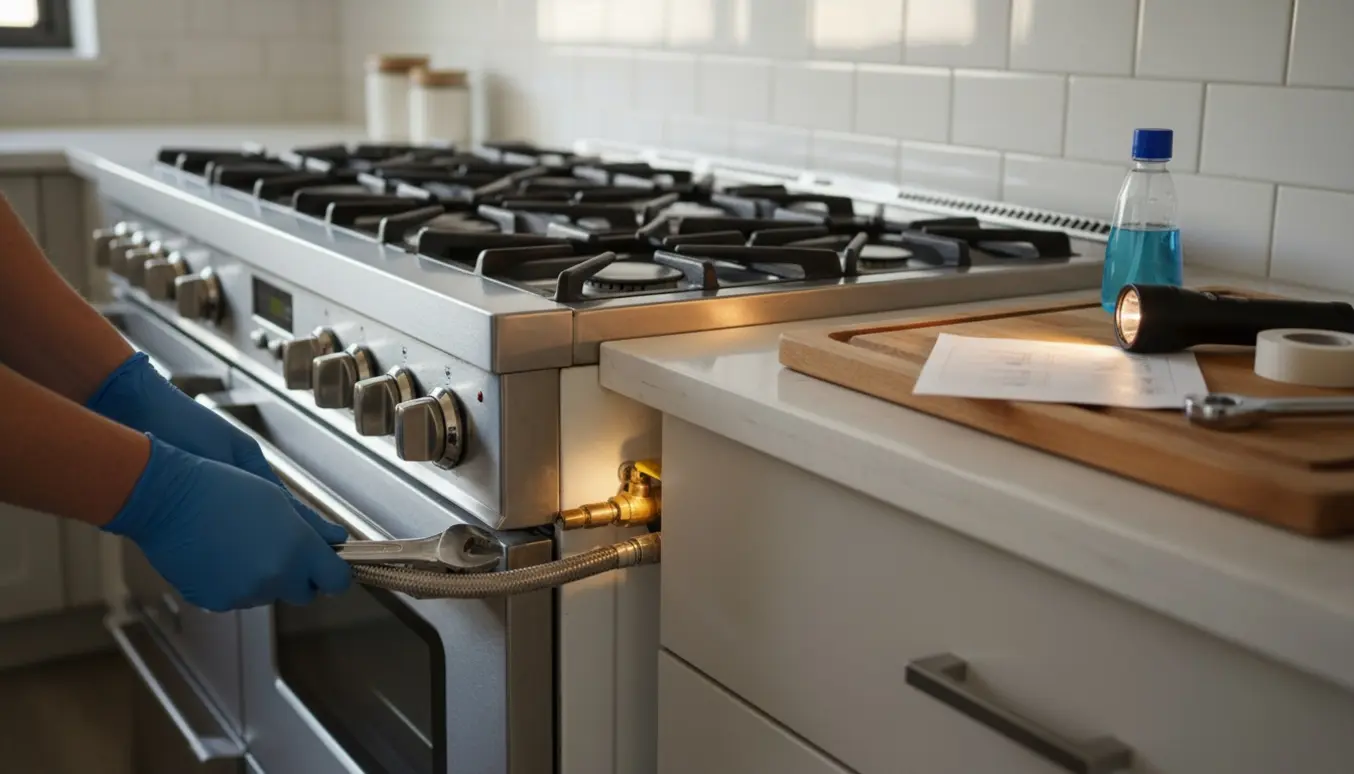 Nyt gaskomfur tilsluttes gasledning i et lyst køkken med handsker og værktøj.