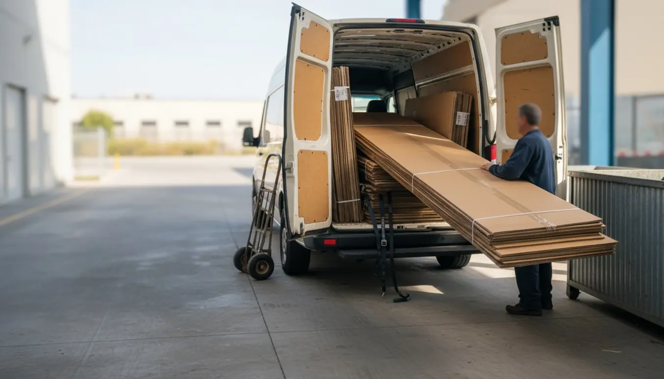 Stor varevogn med åben bagdør og lange papstykker, mens en person læsser pap ved en genbrugsplads.