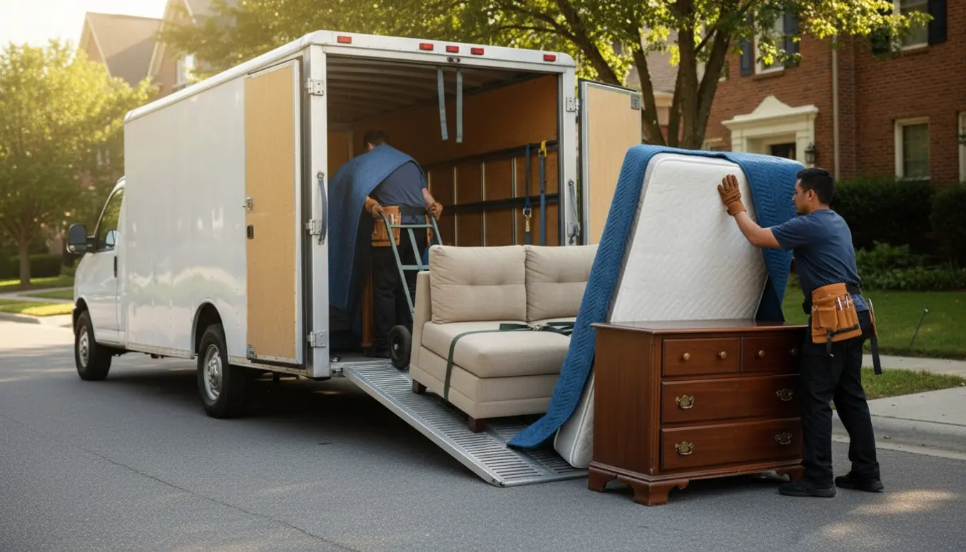 To flyttemænd læsser en sovesofa, kontinentalseng og dobbeltkommode ind i en trailer ved fortovet.
