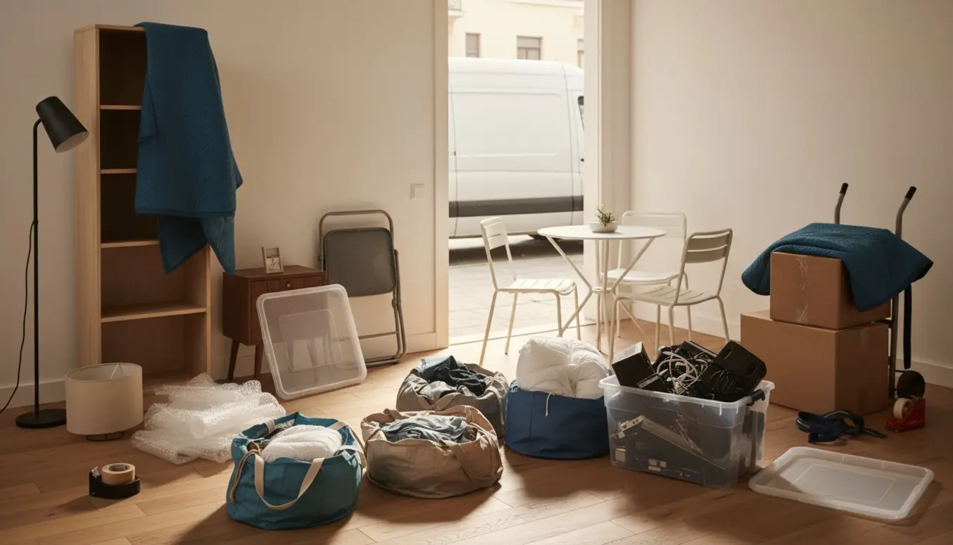 Møbler, sække og flyttekasser samlet i en stue foran en åben flyttebil, klar til transport.