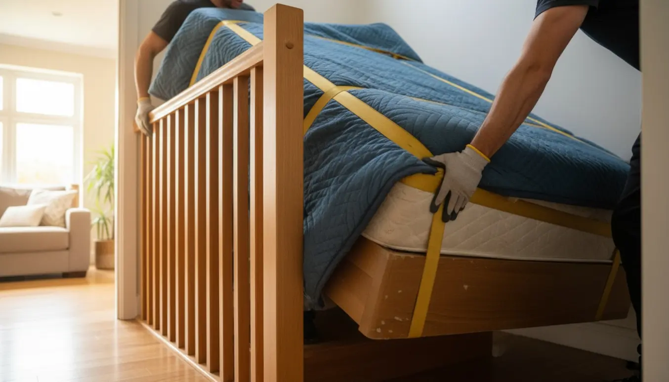 To personer bærer en tung, samlet dobbeltseng op ad en smal trappe fra en lys stue, uden at ansigter er synlige.