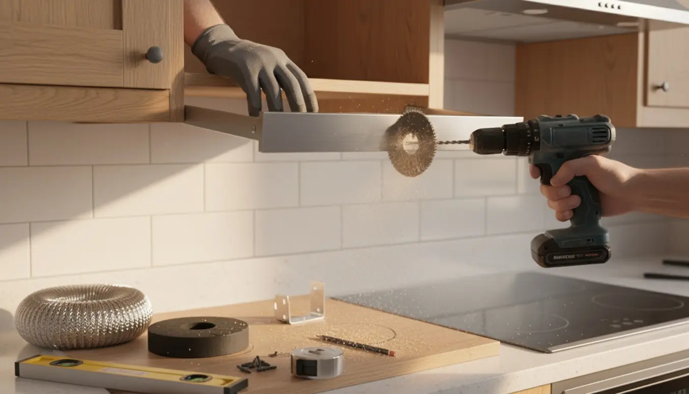 Nærbillede af hænder, der borer hul i et køkkenskab for at montere en ny udtræks-emhætte med kulfilter og værktøj på bordet.