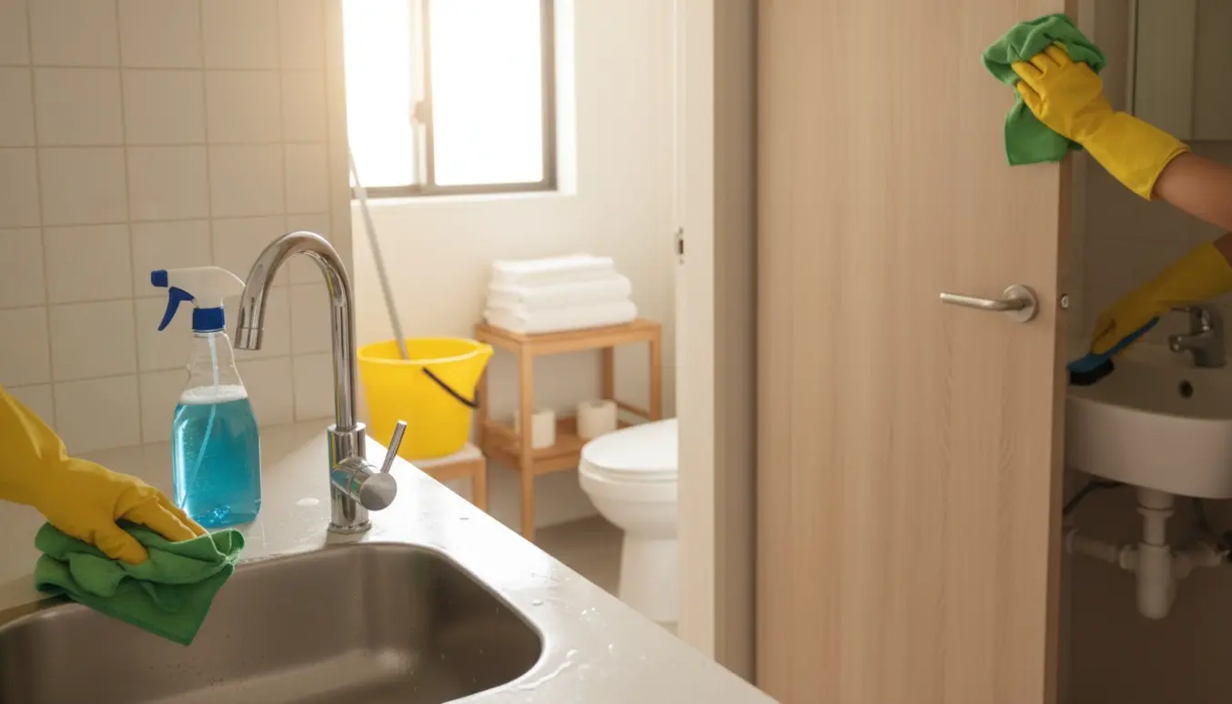 Hænder i handsker rengør et lille køkken og badeværelse med klud, moppe og rengøringsmidler.