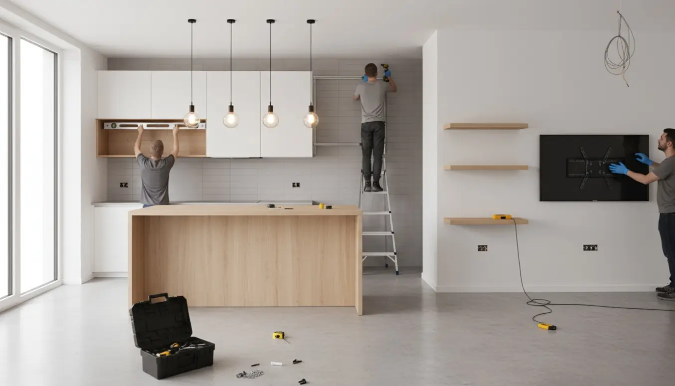 Hænder monterer køkkenskabe og lamper, mens et tv sikres på væggen i et lyst moderne hjem.