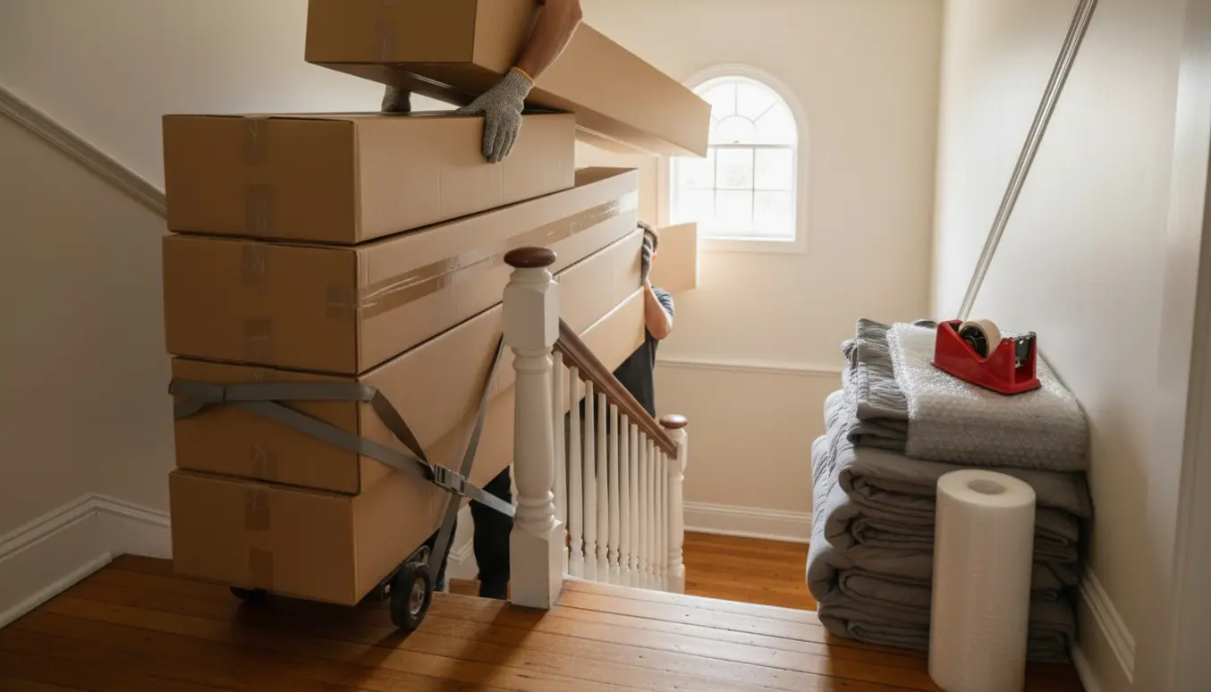 To flyttemænd bærer seks lange papkasser med en usamlet seng op ad en opgang til 2. sal.