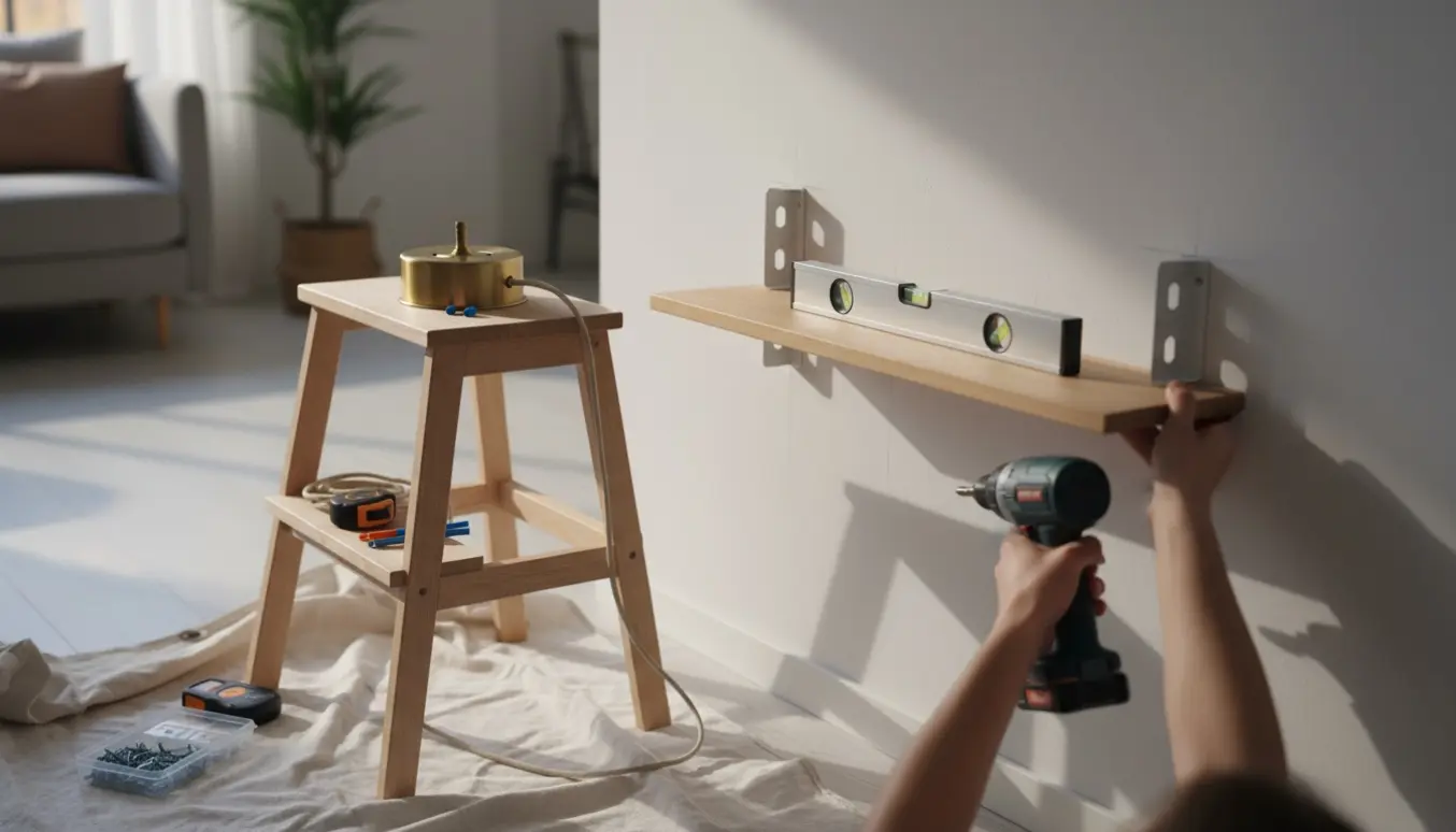 Hænder monterer en lille hylde på en hvid væg, mens en loftslampe midlertidigt står på en stige.