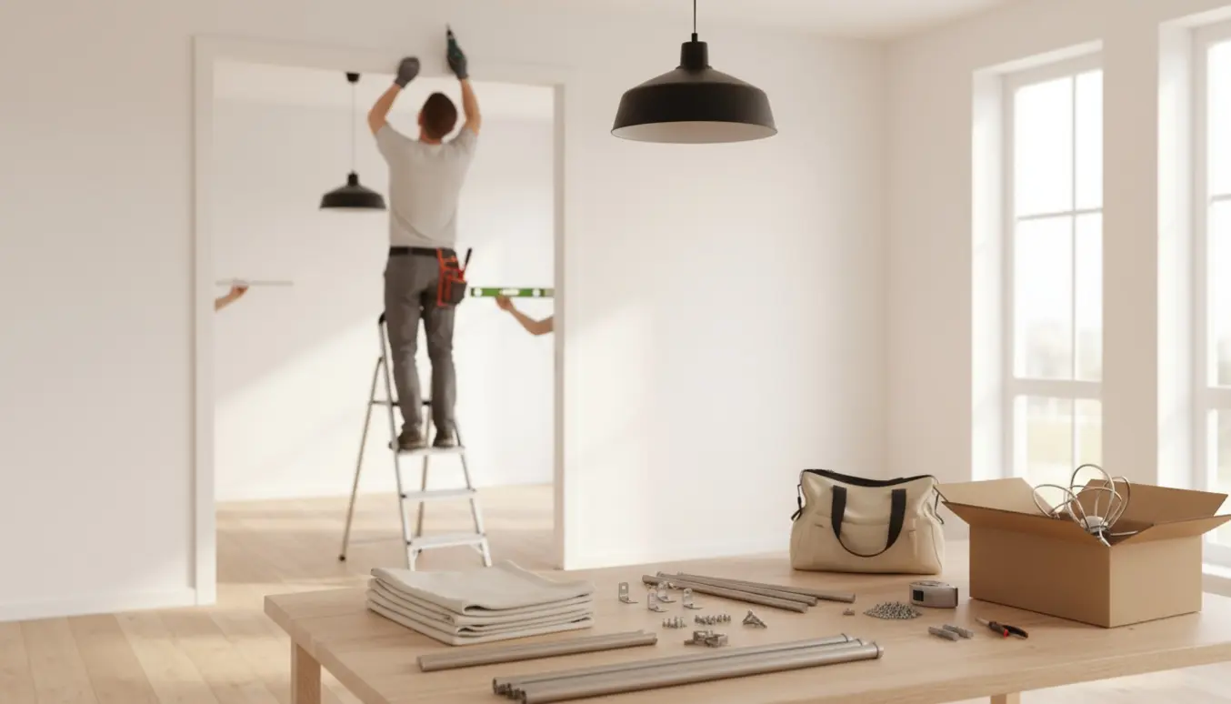 Person på en stige monterer en loftlampe i en lys lejlighed med gardiner og værktøj klart på bordet.