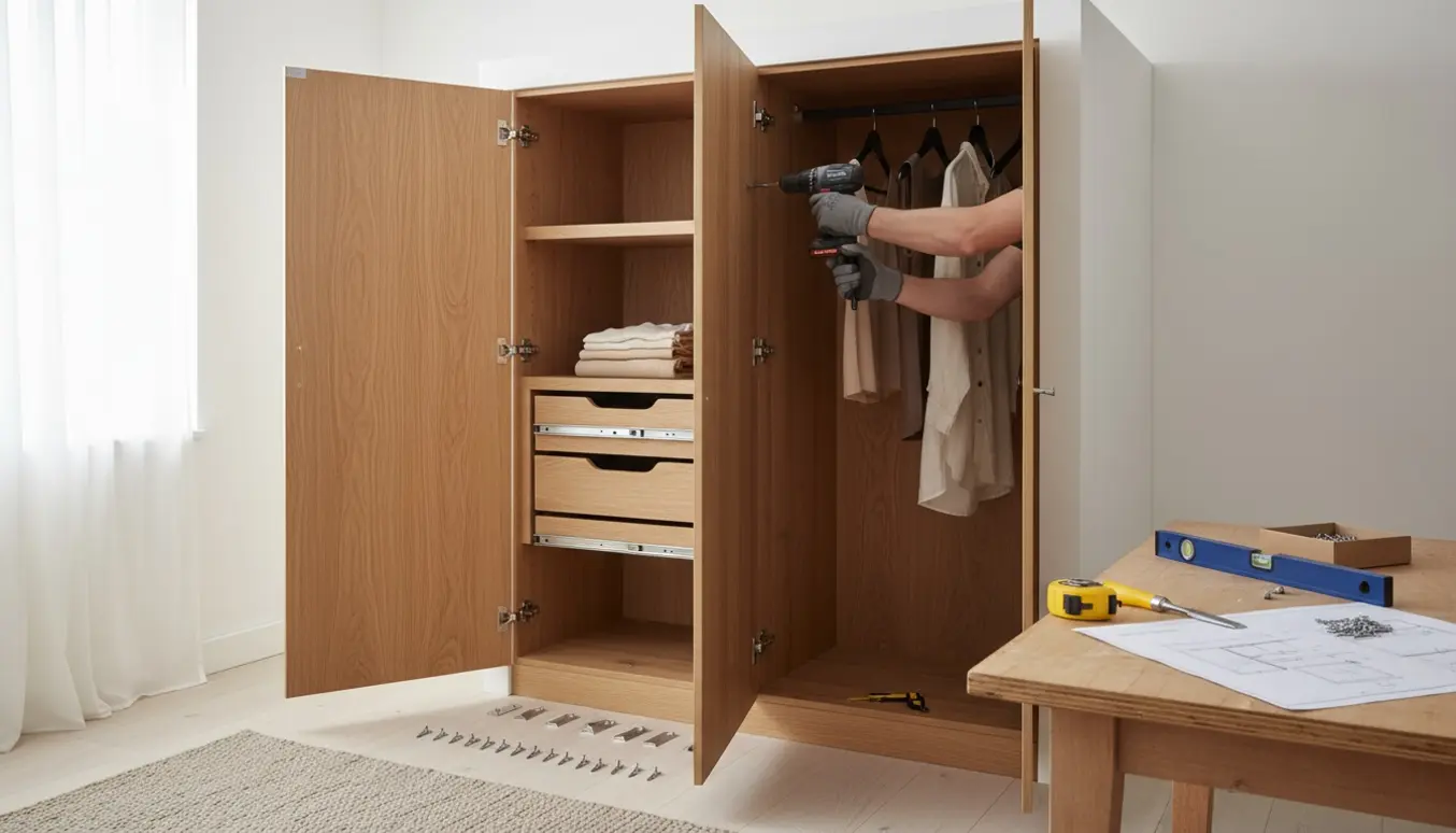 Installation af et mindre indbygget skab i en soveværelsesniche, med værktøj og åbne hylder.