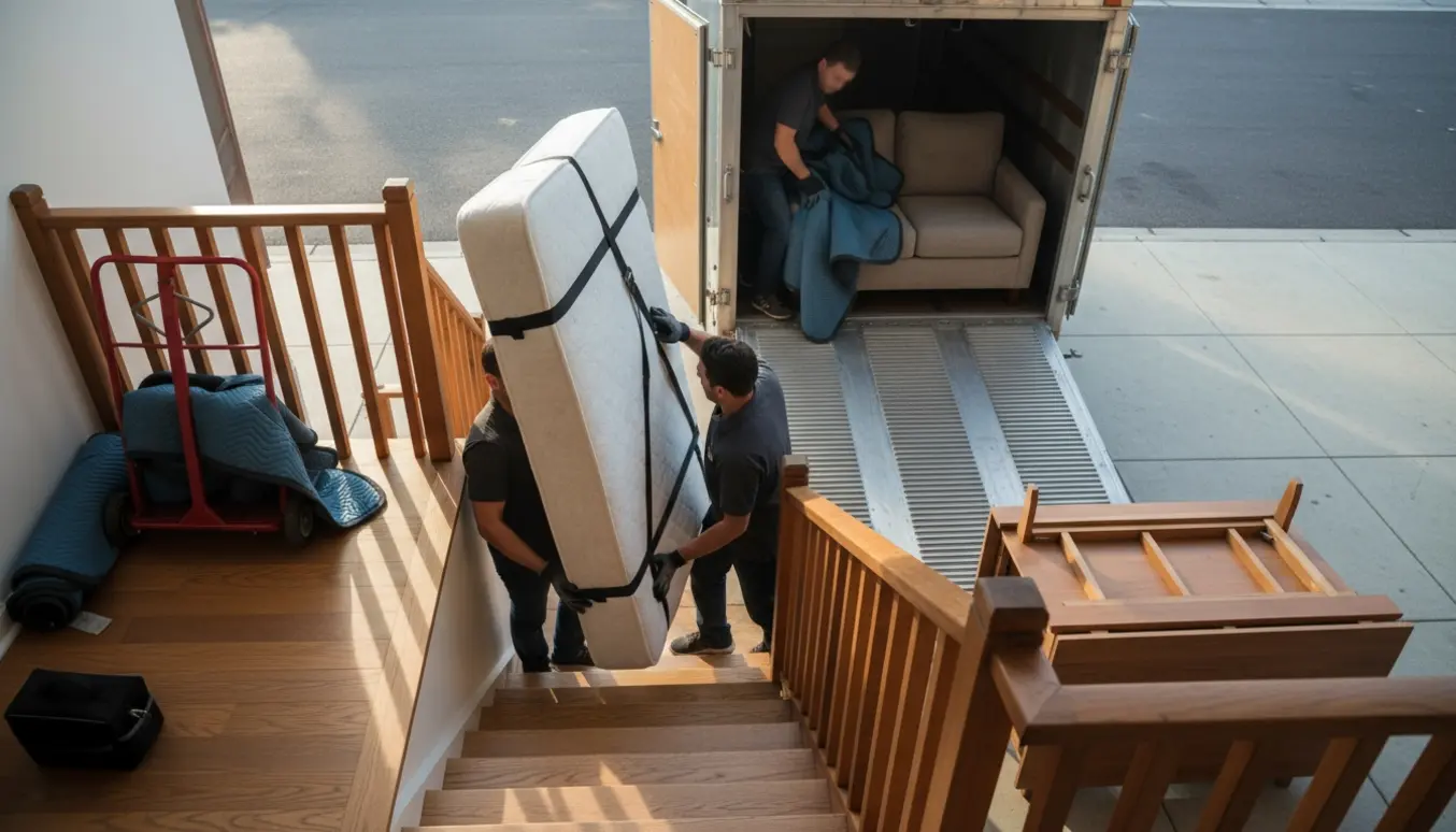 Flyttemænd bærer seng, sofa og spisebord ned ad en trappe og ind i en åben trailer.