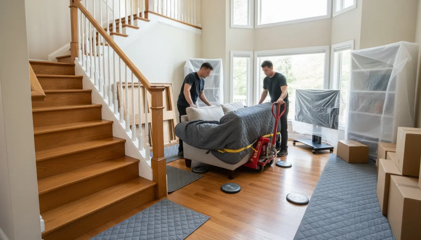 Flyttefolk bærer en sofa dækket af flyttetæpper ned ad en lys trappe i et hjem.