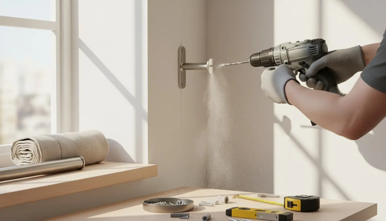 Hænder borer to huller i en væg ved et vindue for at montere en gardinstang.