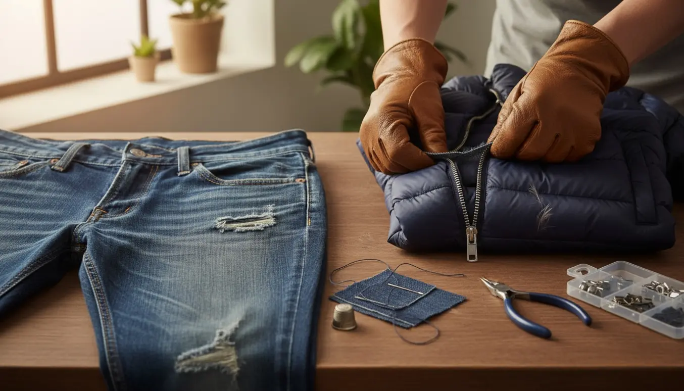 Nærbillede af reparation af hul i cowboybukser ved lynlåsen og en dunjakke med en fastlåst lynlås.
