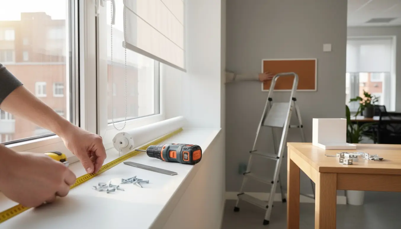 Hænder måler og monterer rullegardiner i et lyst, moderne kontor med værktøj og opslagstavle i baggrunden.